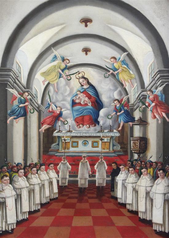 Cuzco School Church interior with Adoration of the Virgin 23 x 17in.